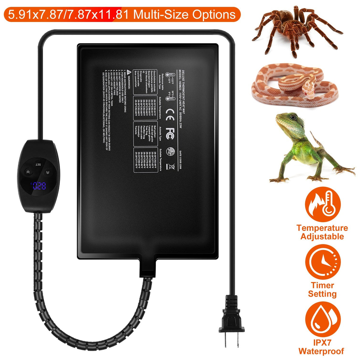 Electric Reptile Heating Pad With 32-122¡F Temperature Adjustment IPX7 Waterproof Timer Setting Under Tank Heating Mat for Lizards Turtles Snake Spide