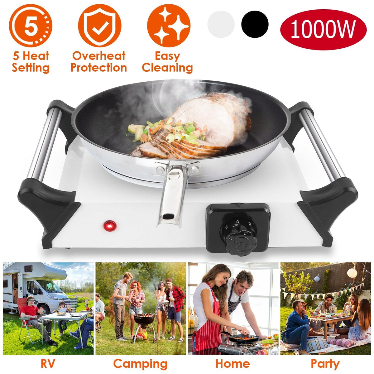 1000W Electric Single Burner Portable Heating Hot Plate Stove Countertop RV Hotplate with 5 Temperature Adjustments Portable Handles
