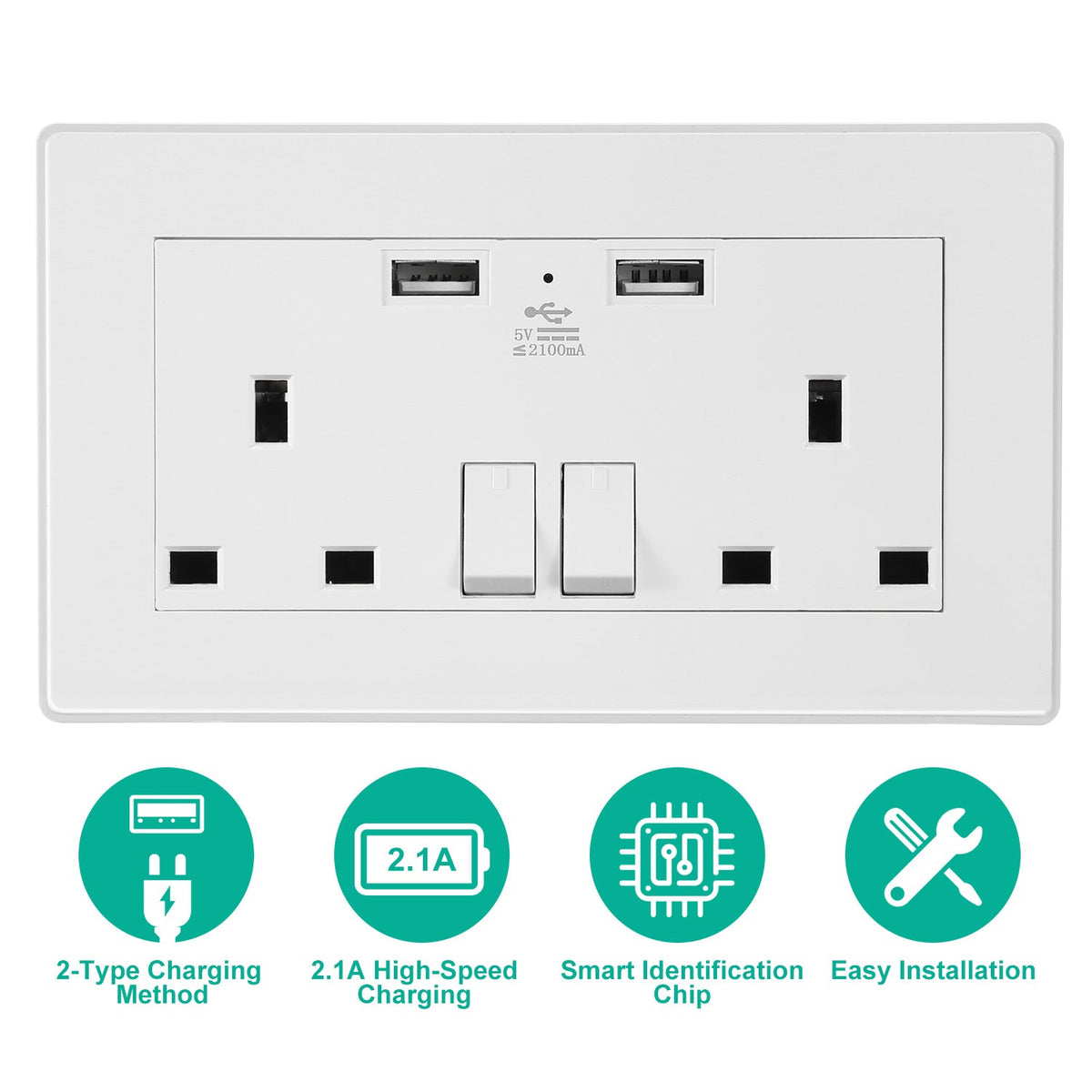 UK Wall Outlet Dual Wall Plug Socket Duplex 2.1A USB Wall Charger with Plug Switch Light Indicator