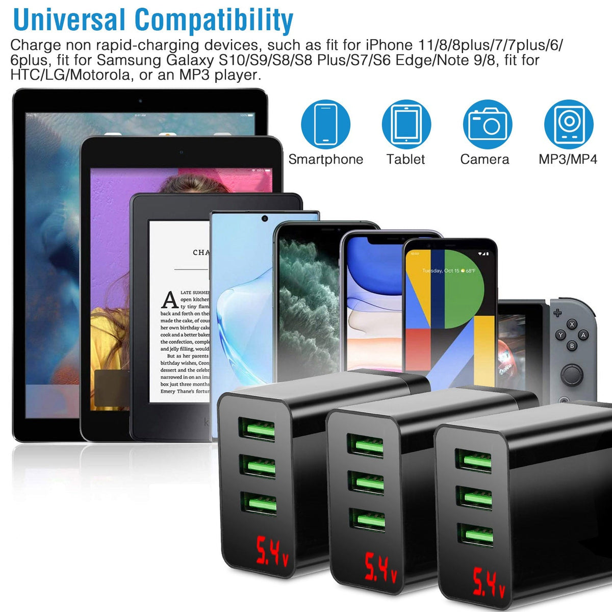 3 Packs 3-Port USB Wall Charger USB Hub Charger Wall Power Charging Plug Adapter Fit For Samsung Galaxy S9/S8 Note 8/9 iPhone Pad Tablet and More USB