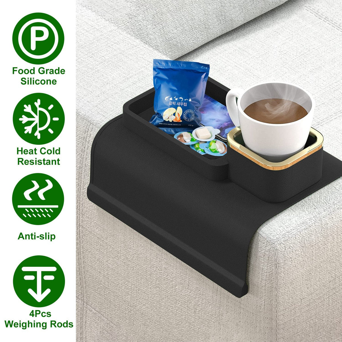 Couch Arm Cup Holder Tray Anti-spill Anti-slip Silicone Armrest Remote Snack Organizer for Coffee Cups Beer Bottles Cans