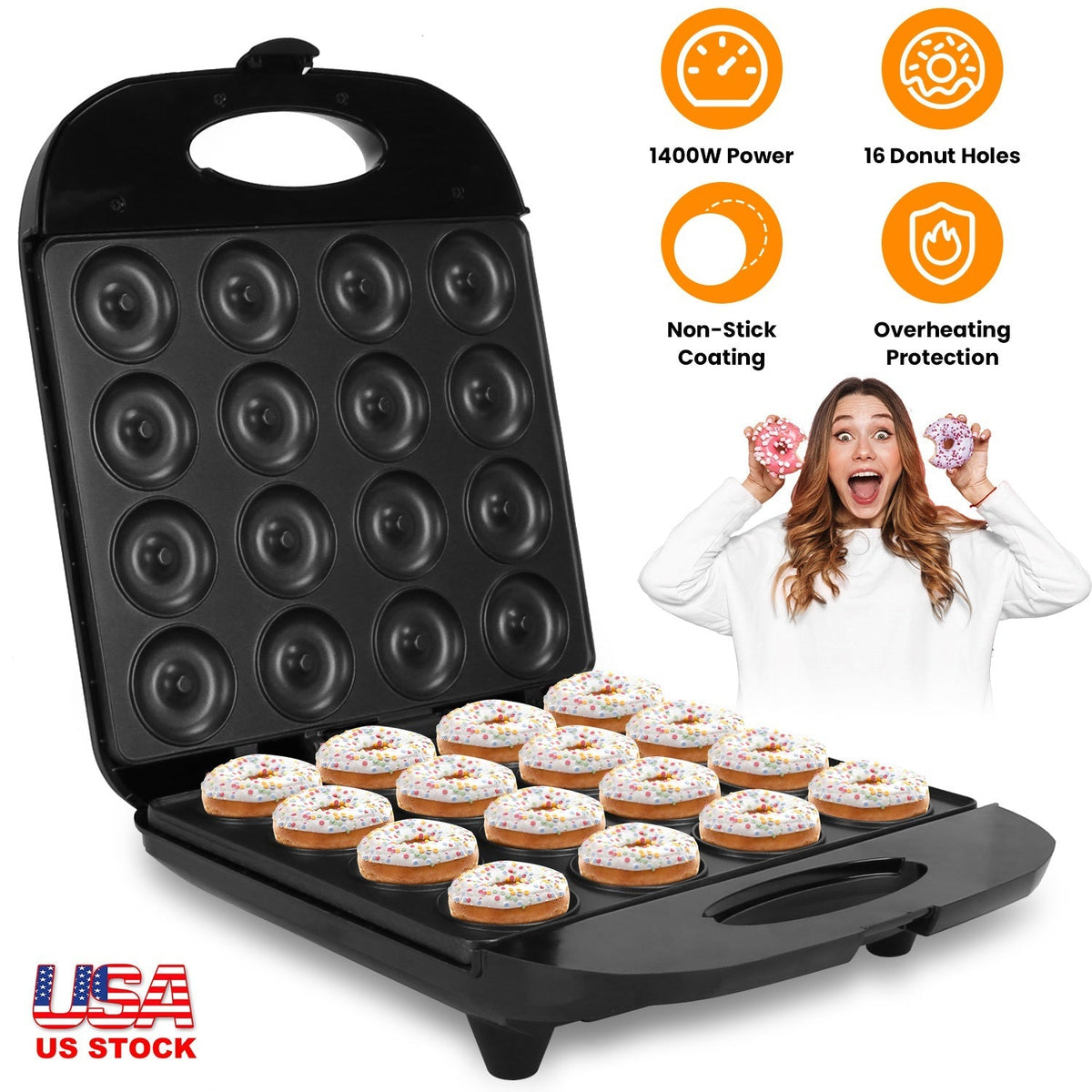 Mini Donut Maker Machine For Kids Snack Breakfast Desserts With 16 Doughnuts Holes Non Stick Coating Double-Side Heating Plates Overheating Protection