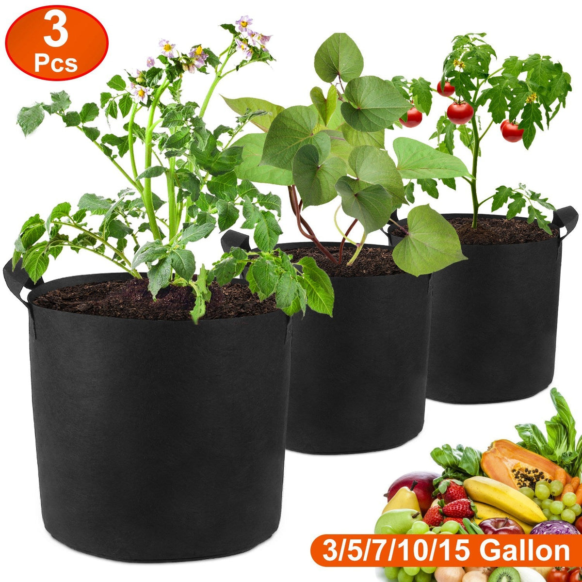3 Pack Plant Grow Bags Potato Vegetable Planter Bags Breathable Planting Fabric Pots 7Gallons