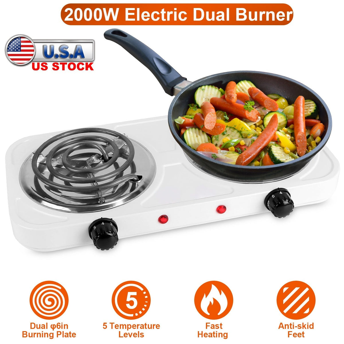 2000W Electric Double Burner Portable Coil Heating Hot Plate Stove Countertop RV Hotplate with Non Slip Rubber Feet 5 Temperature Adjustments
