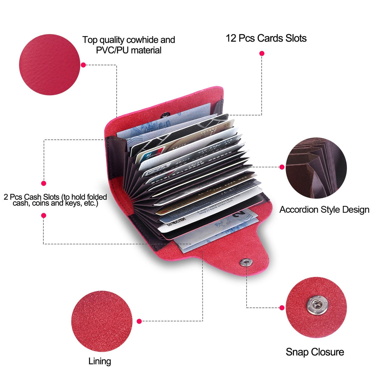 Credit Card Holder Wallet PU Leather Snap Closure Purse Accordion Case with 12 Pcs Card Slots