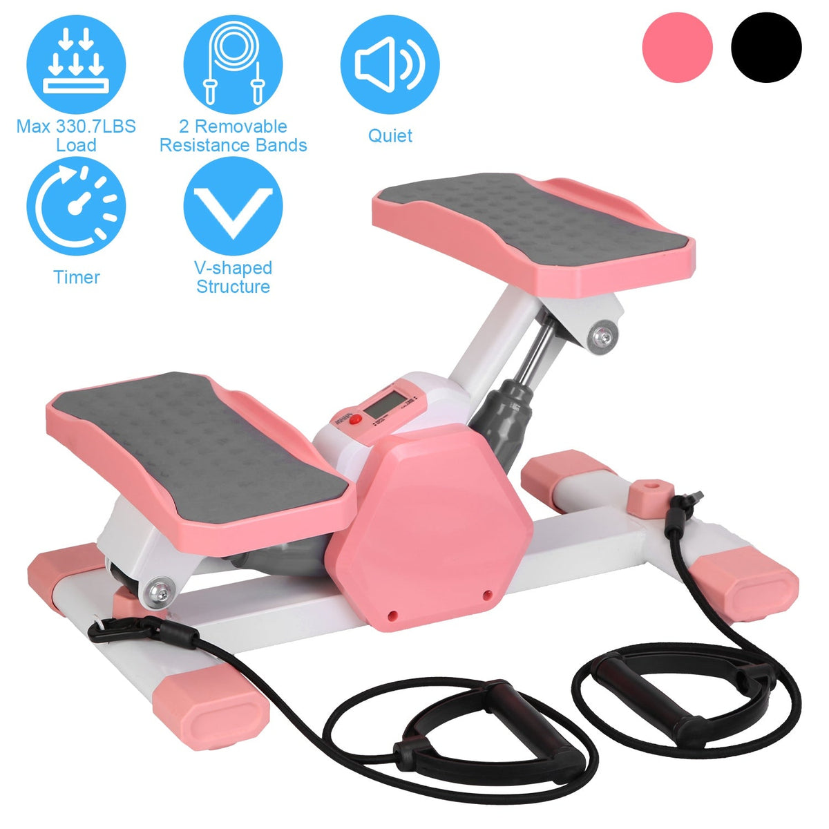 Mini Stepper Stair Stepper With Resistance Bands Quiet Workout Stepper with Digital Timer Max 330.7LBS Load for Home