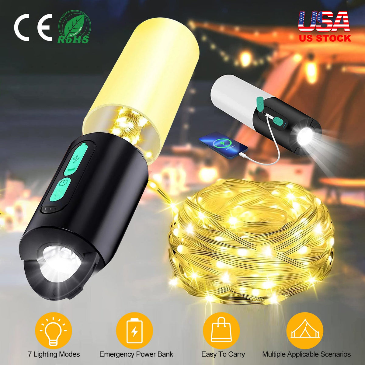 4 In 1 Rechargeable Camping String Light IP44 Waterproof Camping Lantern with 33Ft String Light 7 Light Modes Emergency Power Bank Carry Bag for Indoo