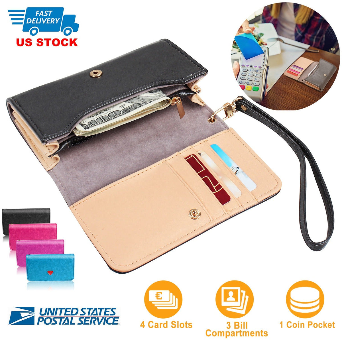 Women Wristlet Wallet PU Leather Lady Purse Credit Card Holder 4 Card Slots 3 Money Pouches 1 Coin Pocket