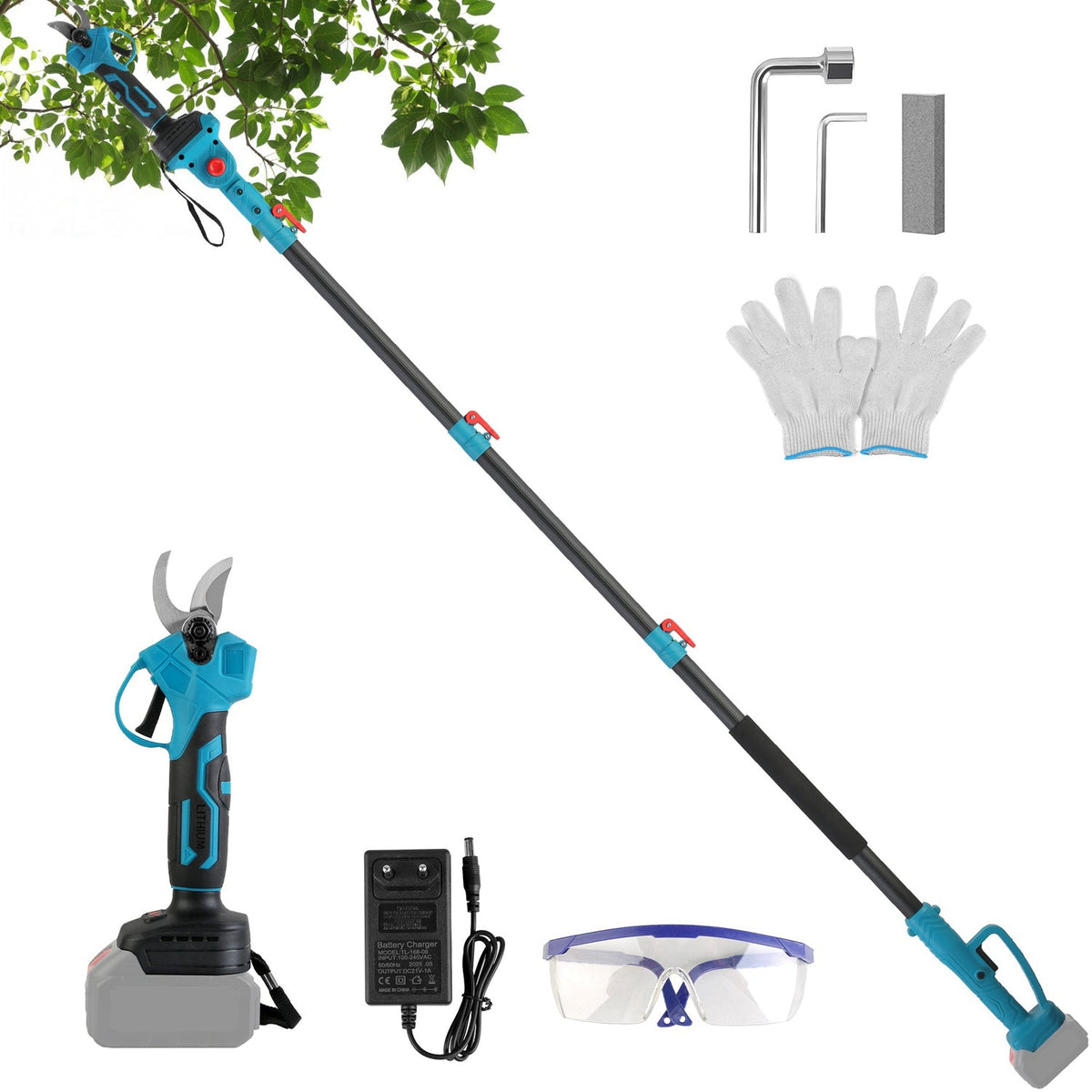 2-In-1 Electric Pruning Shear with Extension Pole 21V 4.0Ah Batteries Powered Cordless Pruner Reach 13FT High 0.98in Cutting Diameter for Tree Trimmin