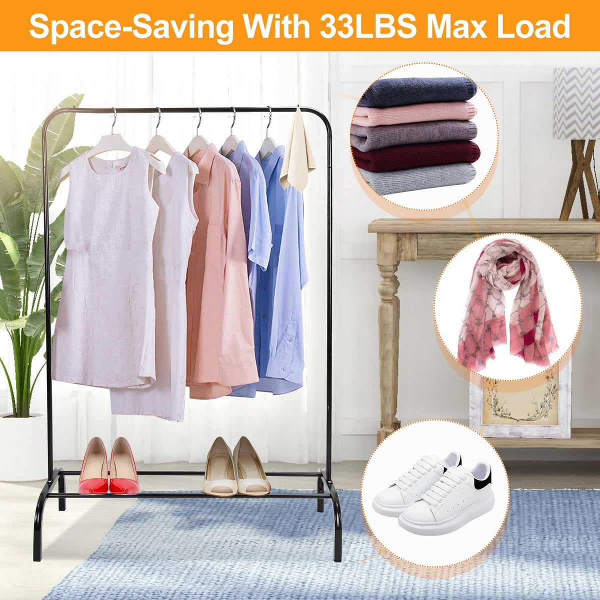 33lbs Loading Garment Racks Freestanding Clothing Racks Clothes Rack Stands Organizer with Bottom Shelf for Dormitory Home