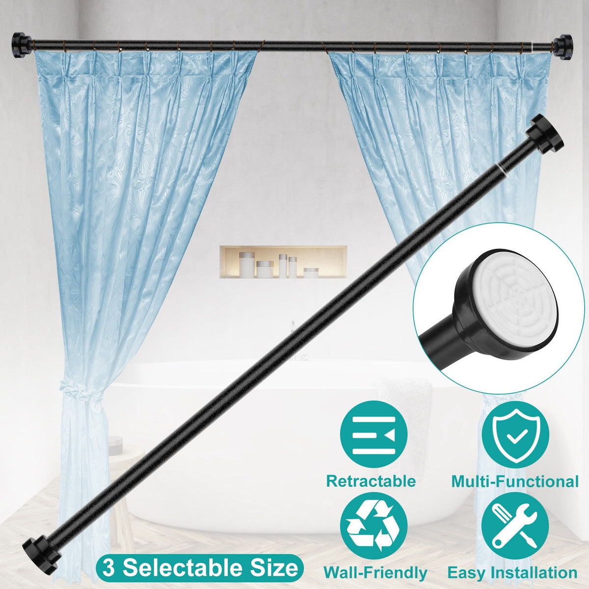 Shower Curtain Rod Adjustable Tension Curtain Rod Stainless Steel Spring Curtain Pole Heavy-Duty Steel for Bathroom Wardrobe Kitchen Balcony 31.5in/39