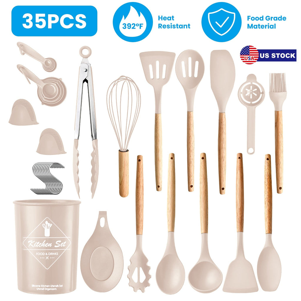 35Pcs Kitchen Cooking Utensils Set Spatula Set Baking Utensil Set Kitchen Accessories Necessities with Holder Egg Whisk Separator Tong Turner Spoons C