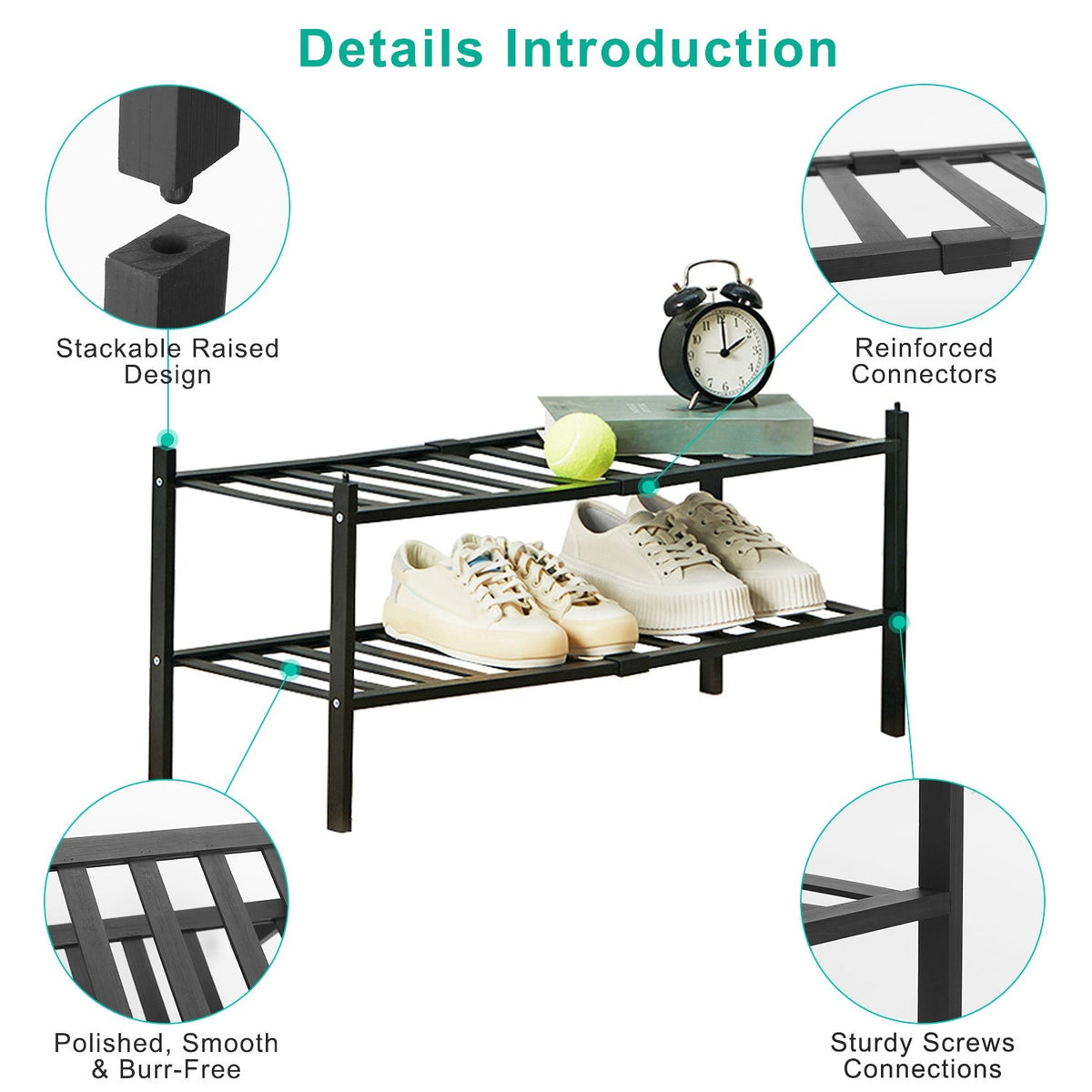 Bamboo Shoe Rack 2-Tier Stackable Shoe Shelf Free Standing Small Shoe Storage Organizer for Entryway Closet Bedroom Bathroom Living Room