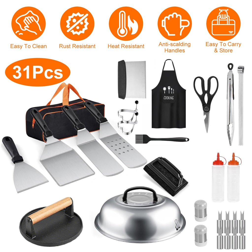 31Pcs Griddle Accessories Kit Flat Top Grill Accessories For Camp Chef with Spatulas Griddle Press Basting Cover Spice Shakers Vegetable Forks Steel S