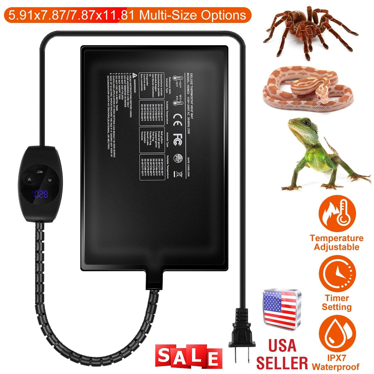 Electric Reptile Heating Pad With 32-122¡F Temperature Adjustment IPX7 Waterproof Timer Setting Under Tank Heating Mat for Lizards Turtles Snake Spide