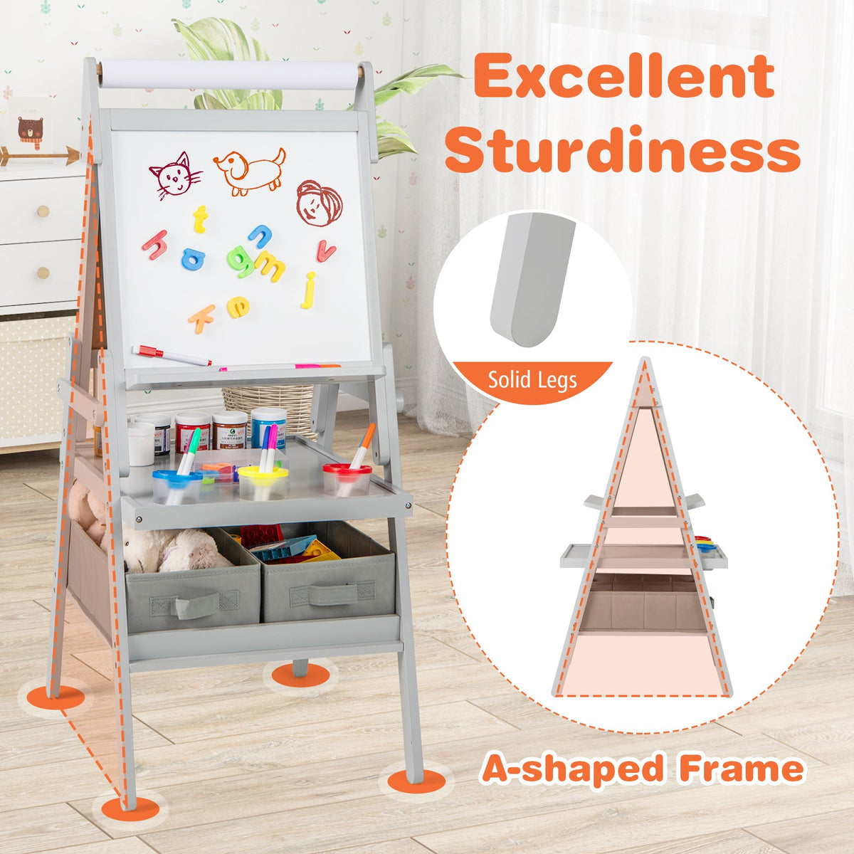 3-in-1 Art Easel for Kids with Magnetic Chalkboard and Whiteboard-Gray