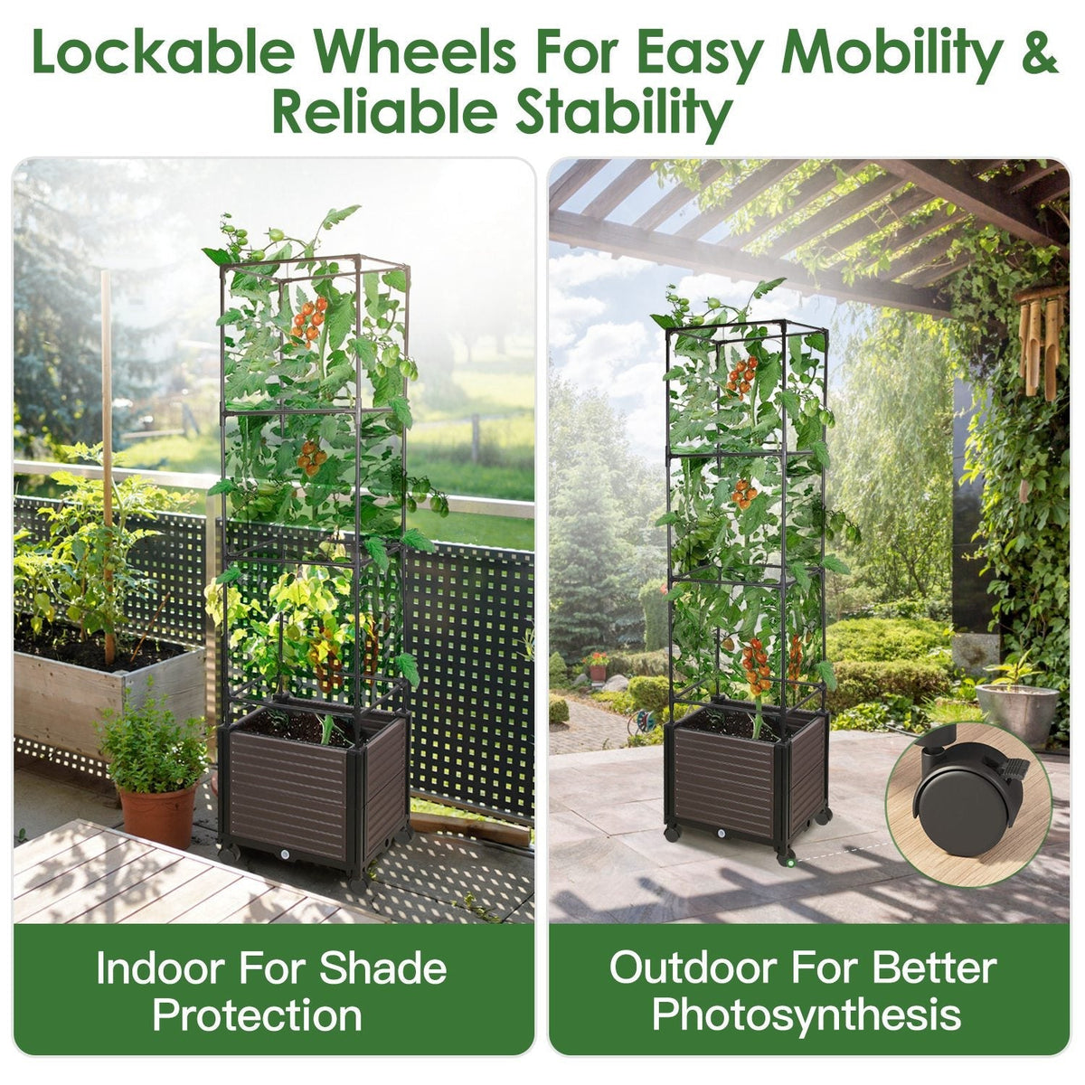 62.99IN Raised Garden Bed Planter Box with Trellis Wheels Self-Watering Vertical Raised Planter Box Crater for Climbing Plants Vegetable Vine Flowers