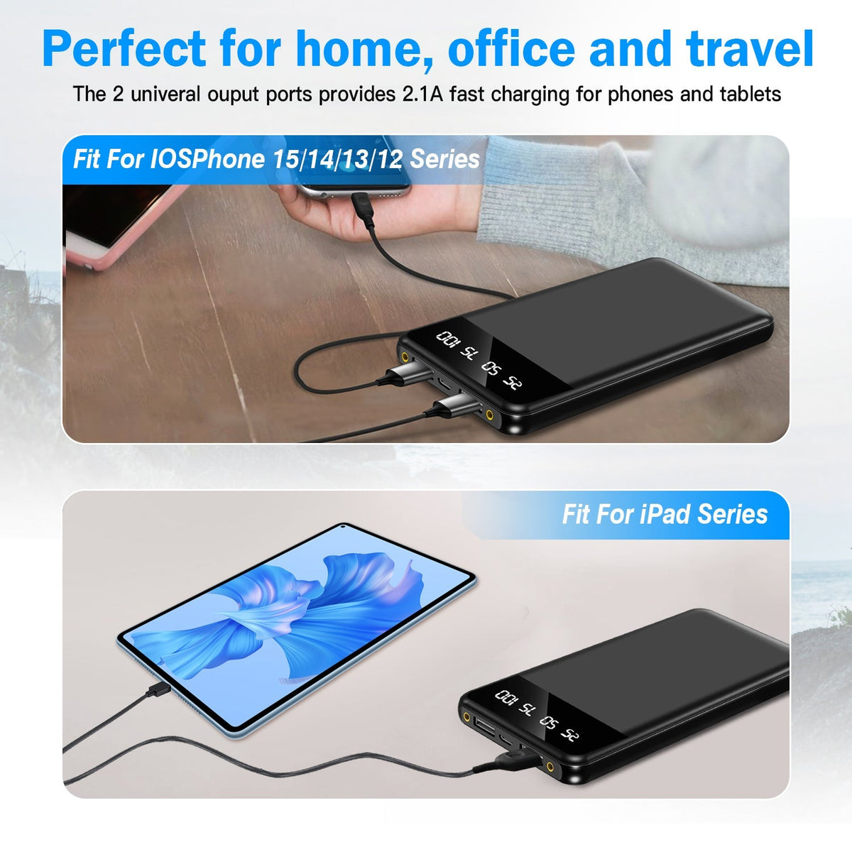 10000mAh Power Bank Portable Ultra Slim Charger External Battery Pack with 2 USB Output Ports Charging Cable LED Flashlight Compatible with IOSPhone 1
