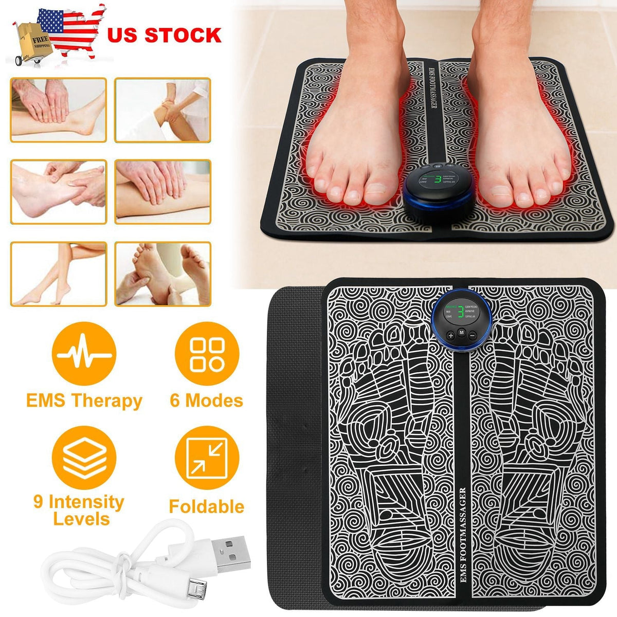 EMS Foot Massage Pad Electric Stimulator Massager Unit Rechargeable Leg Reshaping Muscle Pain Relax Massage Mat w/ 6 Modes 9 Intensity Levels