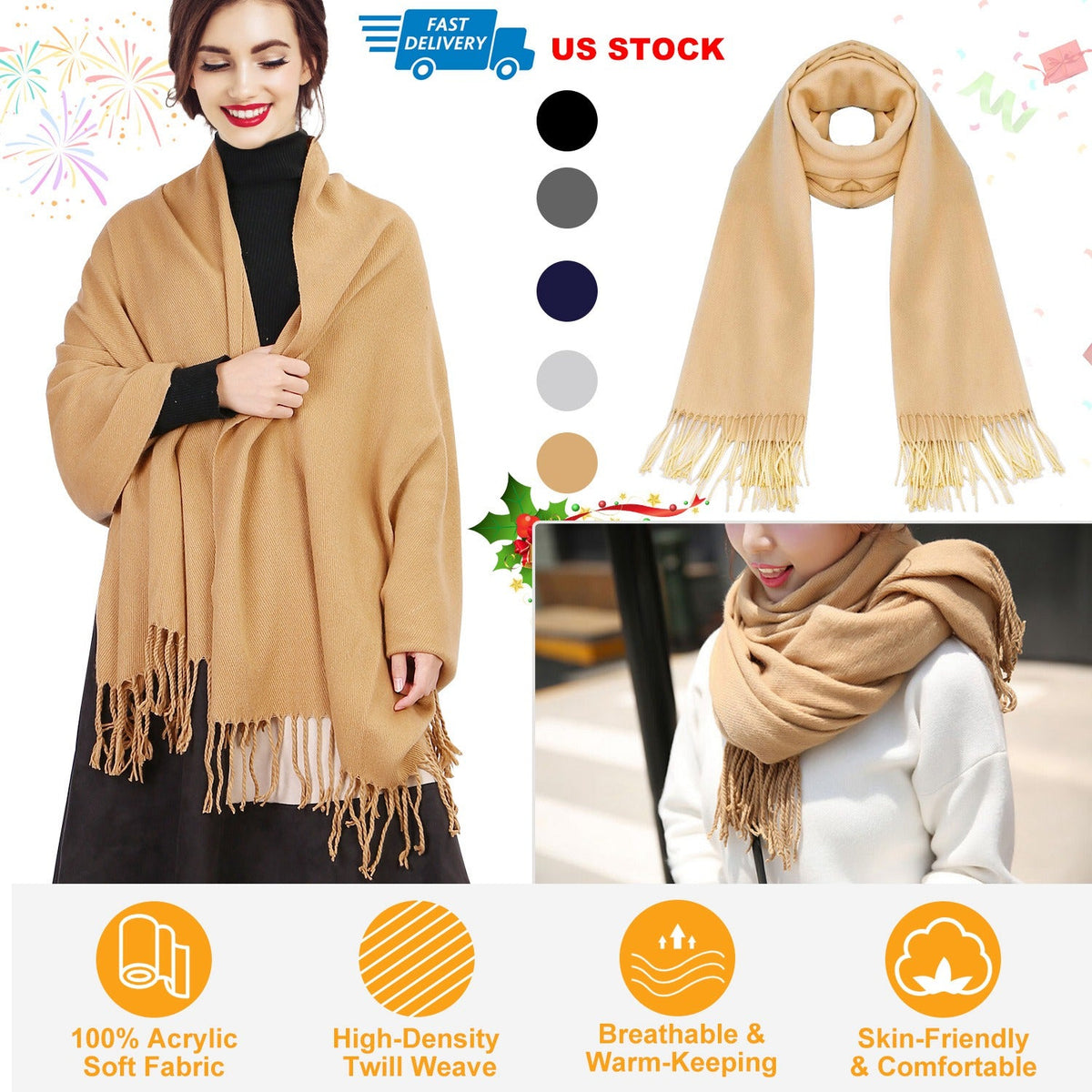 Mens Womens Oversize Cashmere Wool Shawl Wraps Blanket Winter Solid Scarf Soft Pashmina 79" X 28"