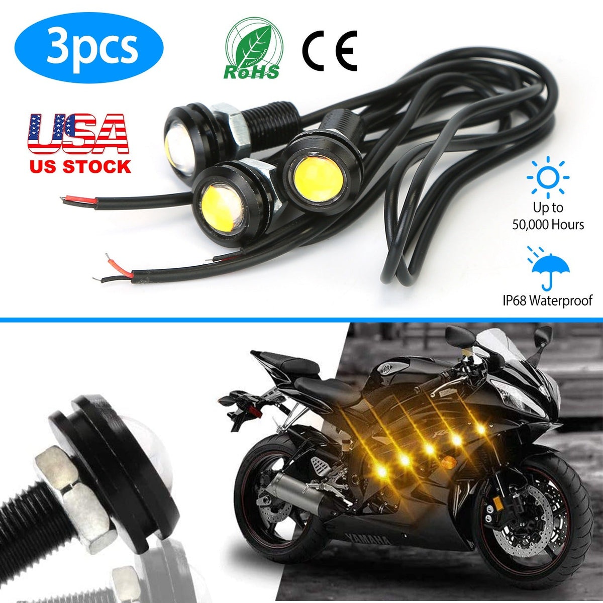 3Pcs Amber Eagle Eye LED Light Bulbs 12V 18MM Waterproof DRL Lights Fog Tail Front Grill Bumper Backup Clearance Marker Light