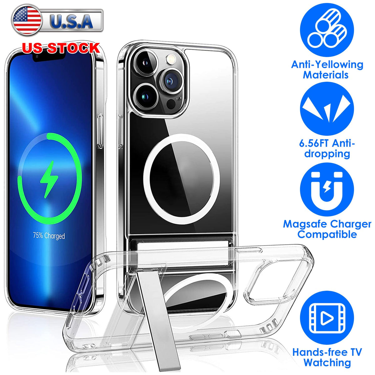 Magnetic Metal Kickstand Clear Case Shockproof Anti Yellowing Phone Cover Compatible with Magsafe Fit for IOS Phone 13 Pro Max