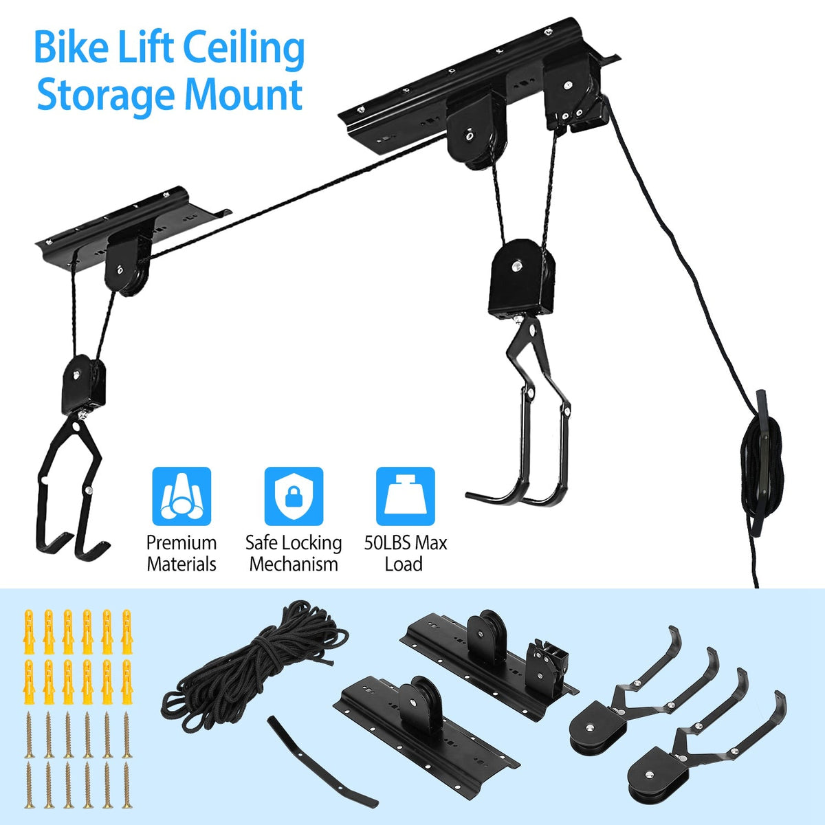 Bike Lift Ceiling Storage Mount 50LBS Load Bicycle Hoist Pulley Rack Heavy Duty Hanger w/ 48FT Rope For Ladder Kayak