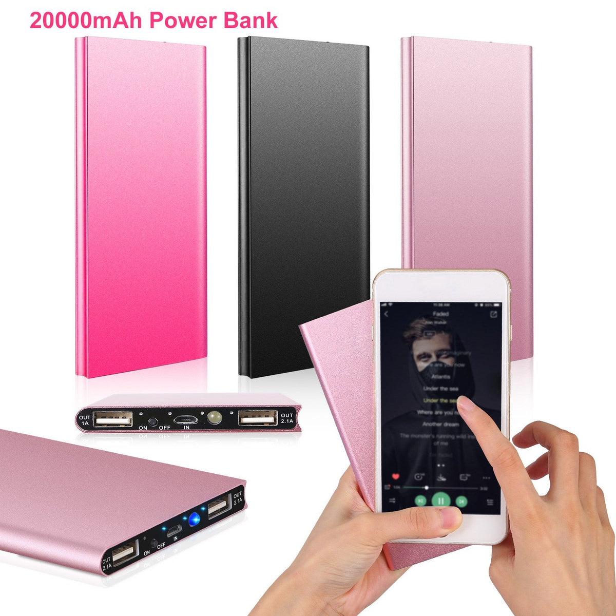 20000mAh Power Bank Ultra-thin External Battery Pack Phone Charger Dual USB Ports