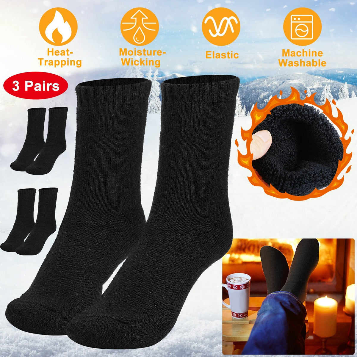 3 Pairs Men Warm Wool Socks Soft Cozy Winter Thermal Socks For Men Thick Heat-Trapping Moisture Wicking Socks Indoor Outdoor