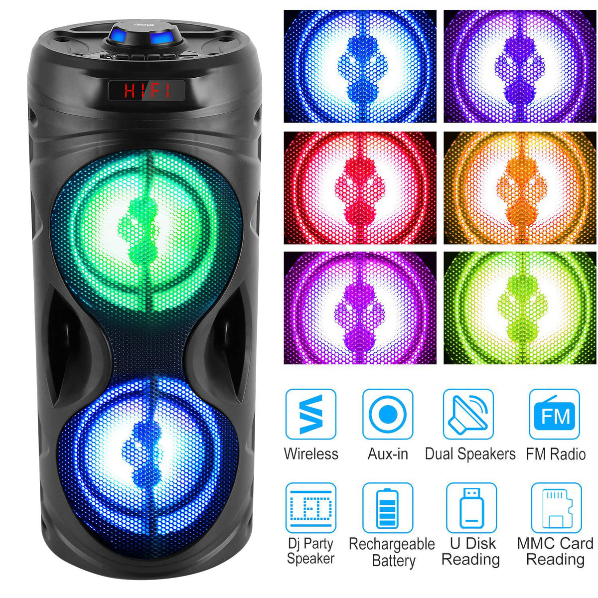 Portable Wireless Party Speaker Karaoke Machine Wireless Speaker with LED DJ Light FM Radio Supports MMC Card/USB Microphone Aux-In for Party Home TV