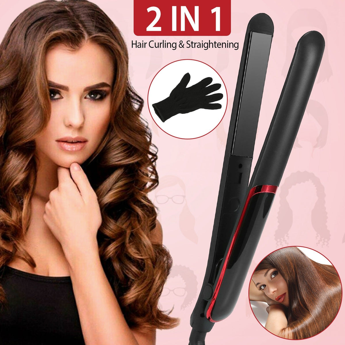 Hair Straightener Curling Iron 2 In 1 Twist Hair Straightener Ceramic Plate Hair Curler w/ Temperature Adjust LCD Display Glove