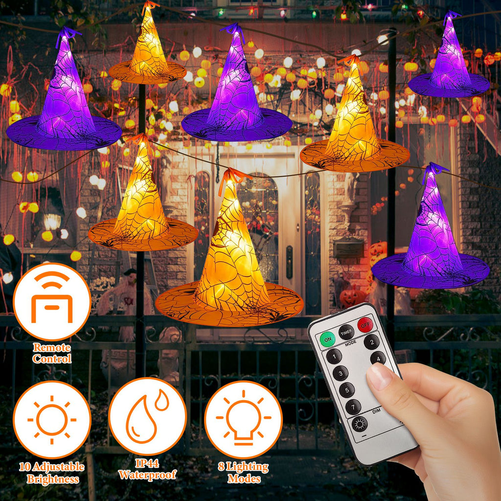 8 Pack 13FT Witch Hat Hanging String LED Light Halloween Decoration Battery Powered Remote Control 8 Lighting Modes Glowing Outdoor Indoor Halloween P