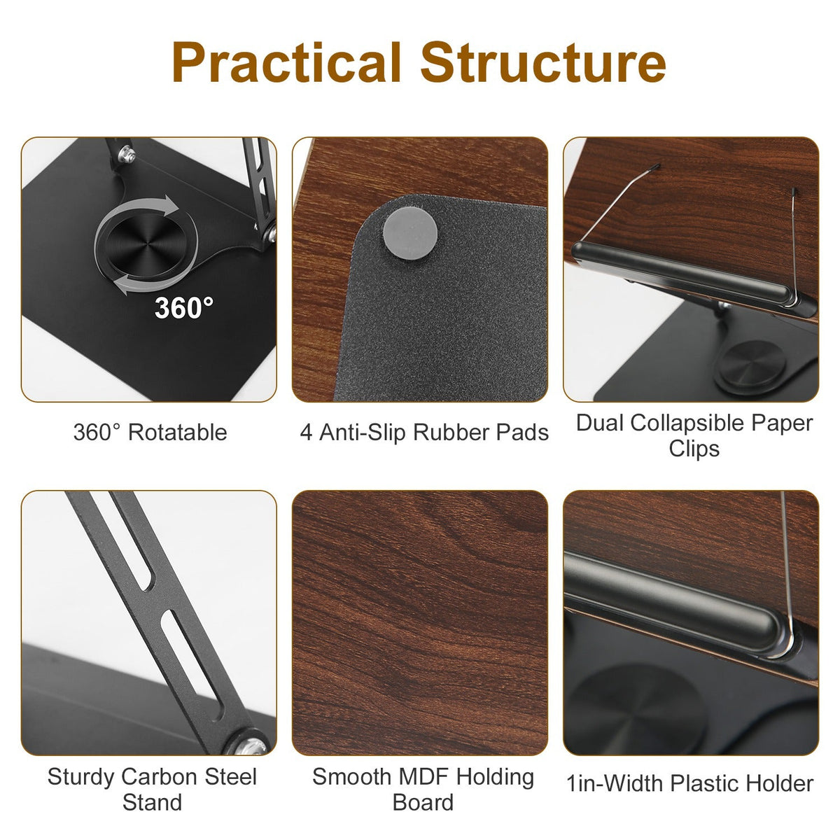 Book Stand for Reading Foldable Wood Book Holder Reading Rack Paper Stand with Adjustable Height 360¡ Rotatable Base Dual Paper Clips for Book Sheet M