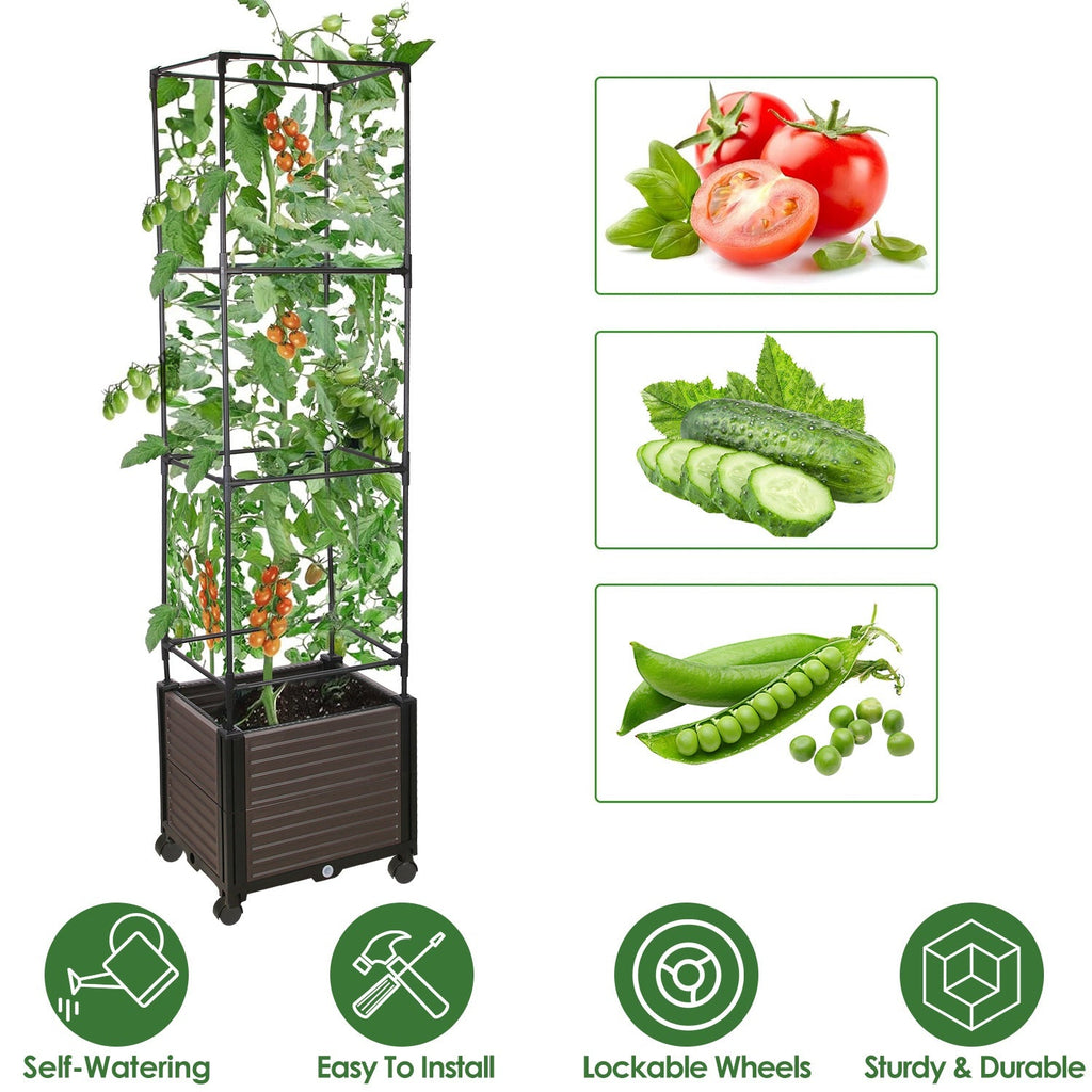 62.99IN Raised Garden Bed Planter Box with Trellis Wheels Self-Watering Vertical Raised Planter Box Crater for Climbing Plants Vegetable Vine Flowers