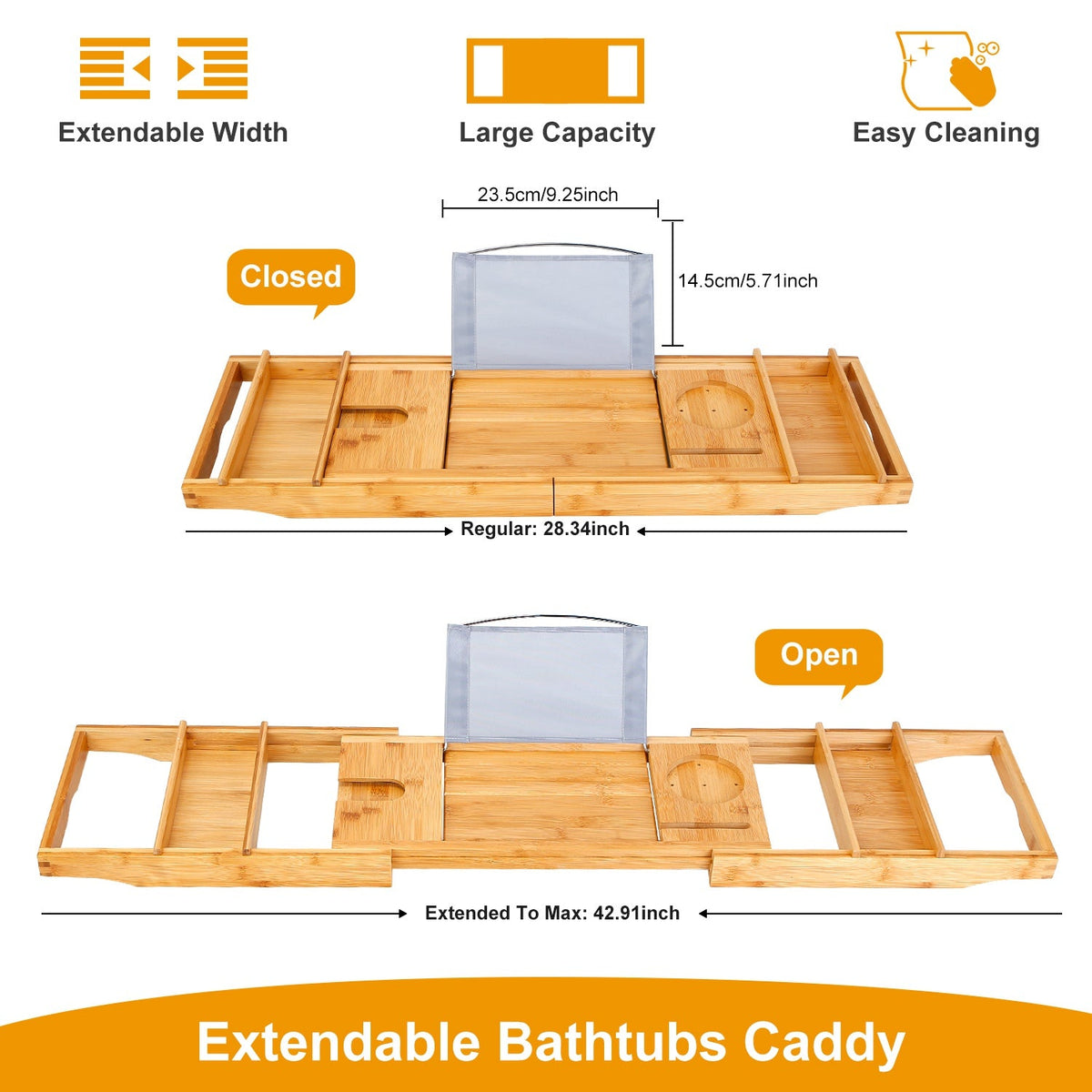 Bathtub Caddy Tray Crafted Bamboo Bath Tray Table Extendable Reading Rack Tablet Phone Holder Wine Glass Holder Shelf Desk Bathroom Spa
