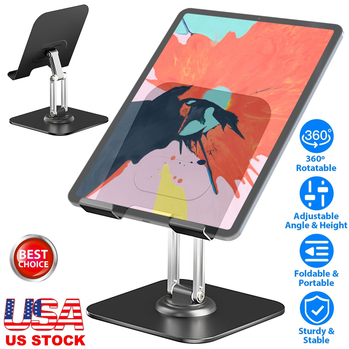Foldable iPad Tablet Stand Adjustable Tablet Holder for Desk Rotatable Monitor Stand Holder Fit For iPad 11 10 9 8 7 Aluminum Alloy