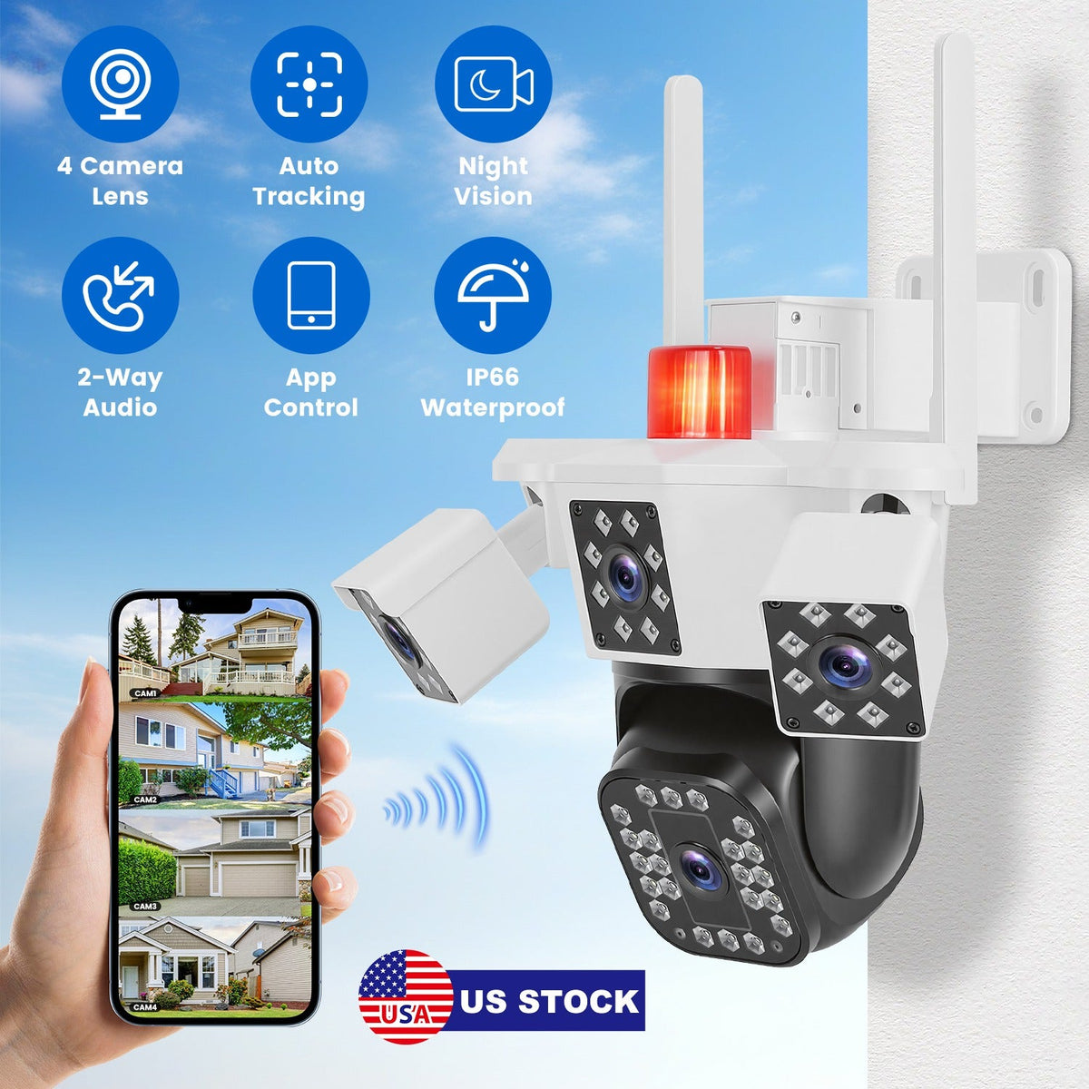 1080P HD 4-Lens Security Camera 360° View WiFi Pan & Tilt Surveillance Camera With Full Color Night Vision Auto Motion Tracking 2-Way Audio Spotlights