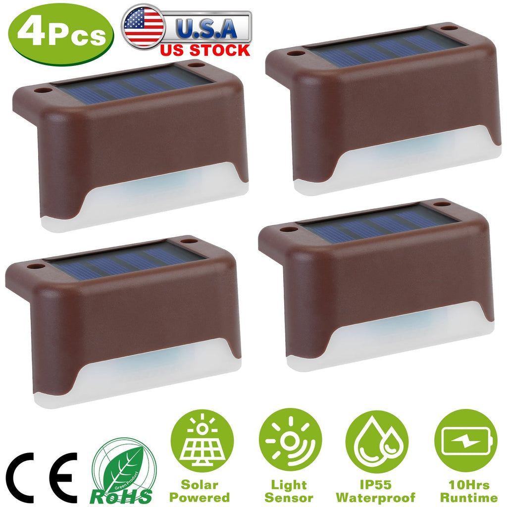 4Pcs Solar Powered LED Step Lights Outdoor IP55 Waterproof Dusk To Dawn Sensor Fence Lamps For Stairs Yard Railing