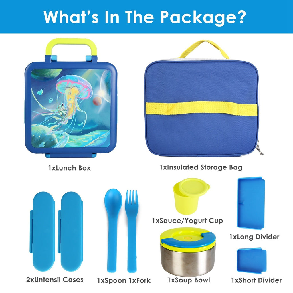 Kids Lunch Box Thermal Lunch Container with Insulated Storage Bag 2 Compartments Spoon Fork Case Food-safe Spill-resistant