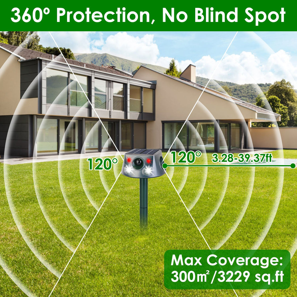 Ultrasonic Solar Animal Repeller Outdoor Mole Snake Squirrel Repellent Waterproof Bird Deer Dog Cat Deterrent with 3 Modes Motion Sensor Vibration Sta