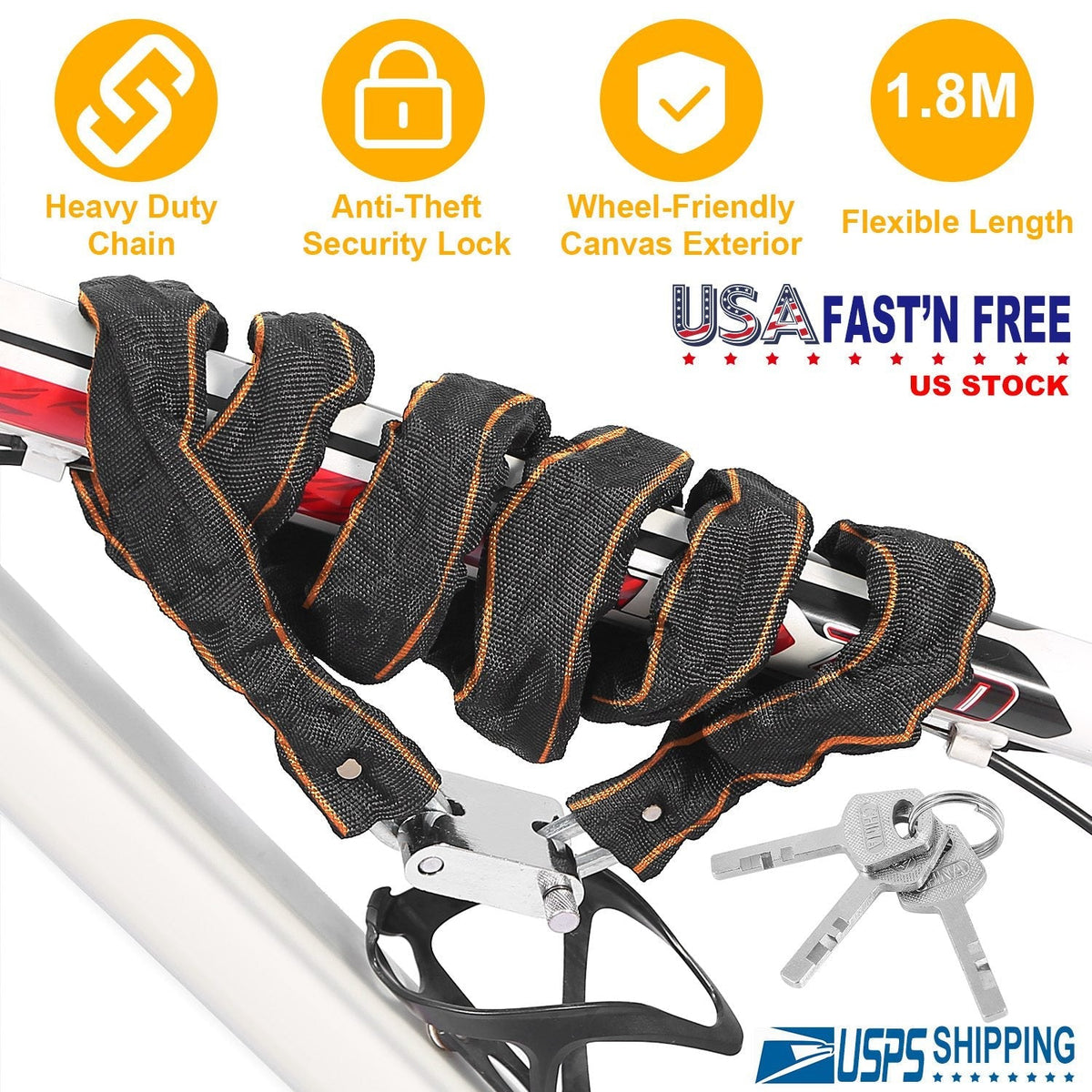 1.8M Bike Chain Lock w/ 3 Keys Heavy Duty Security Lock Bicycle Motorcycle Motor Bike Chain Lock