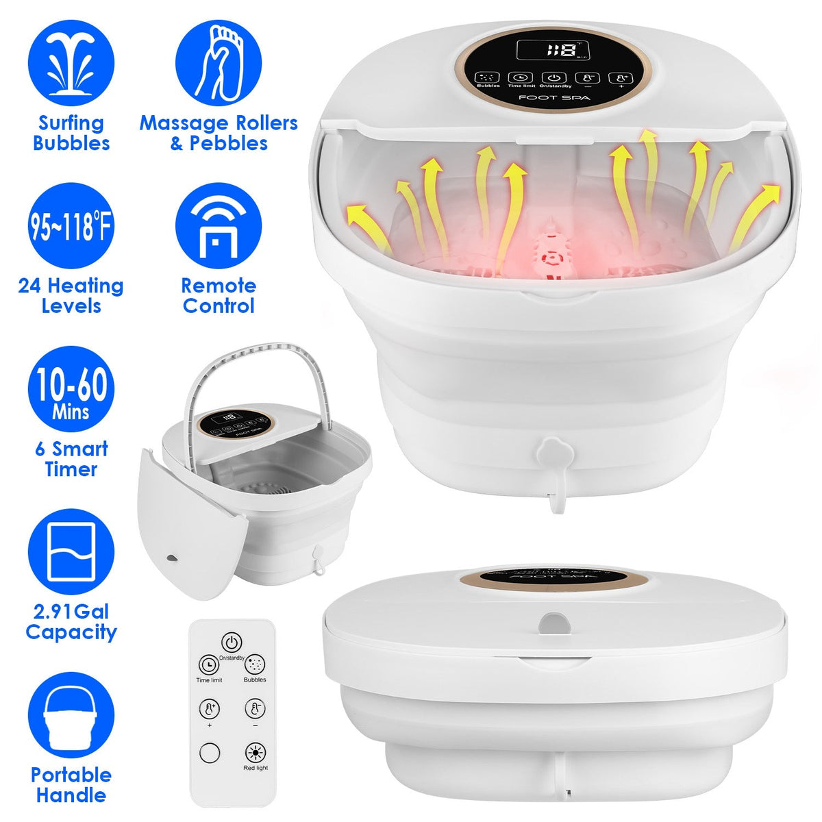 Collapsible Foot Spa Massager Electric Foldable Foot Soaker Tub with Remote Control Handle Surfing Bubbles 24 Heating Levels 6 Timer 6 Massage Rollers