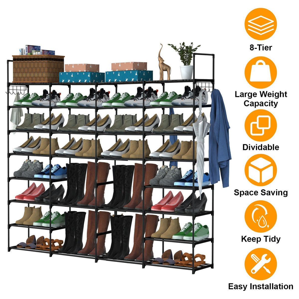 8-Tier 4-Row Shoe Rack Metal Shoe Storage Shelf Free Standing Large Shoe Stand 56 Pairs Shoe Tower Unit Tall Shoe Organizer with 2 Hooks for Entryway