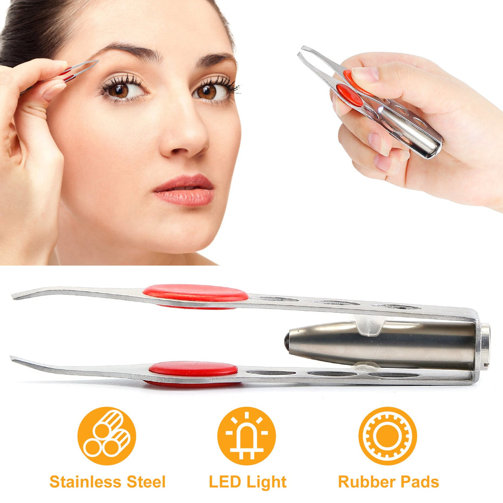 LED Eyebrow Tweezer Stainless Steel Make Up Tweezer w/ LED Light Rubber Finger Pads For Eyebrow Eyelash Hair Removal