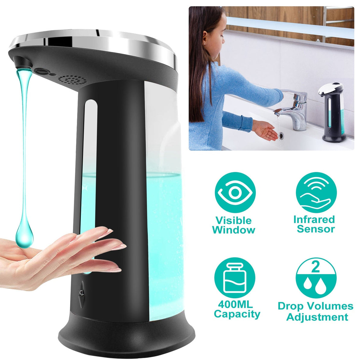 Automatic Soap Dispenser 400ML/16.9OZ Anti-slip Sensor Refillable Hand Gel Desktop Dispenser 2 Drop Volume Adjustment