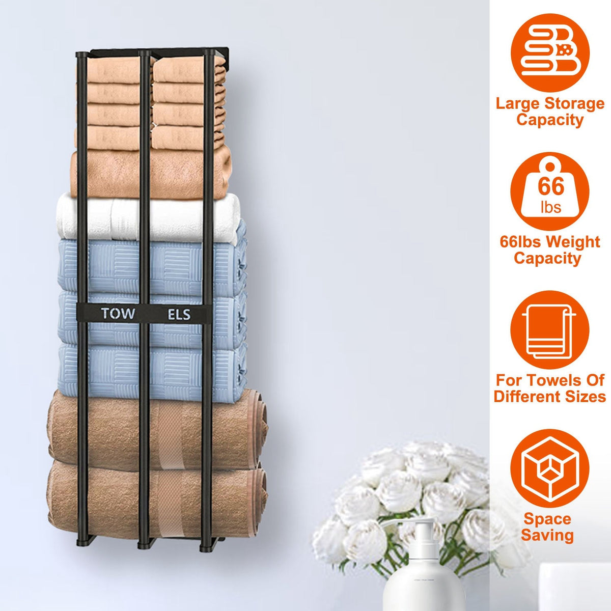 Wall Mounted Towel Rack for Rolled Towels Bathroom Towel Holder Organizer Storage Shelf for Bath Towels Hand Towels