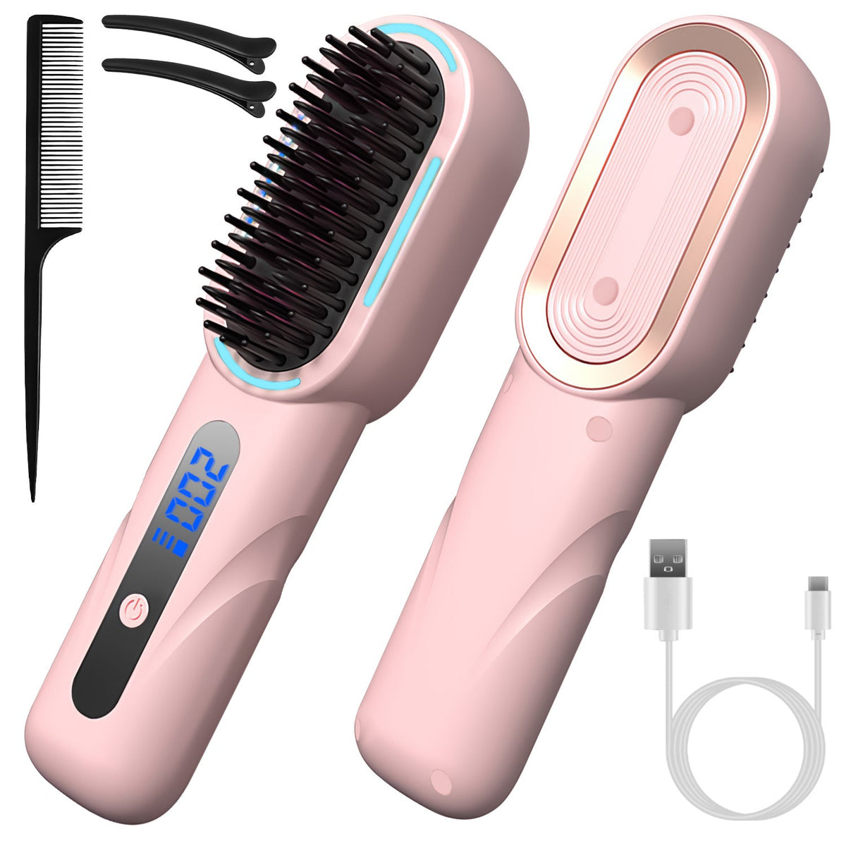 Cordless Hair Straightener Brush Rechargeable Mini Styling Comb with 4 Heating Levels Blue Light Sterilization Single press Stray Hair Removal 20Mins