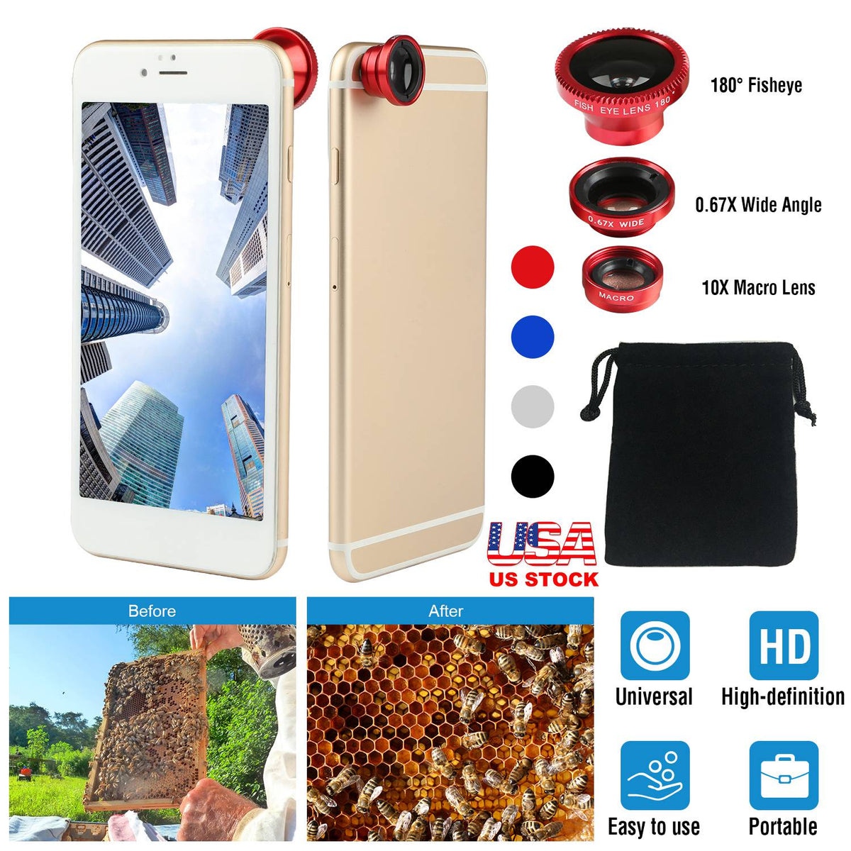 Phone Camera Lens Kit Magnetic 180¡Fisheye Lens 0.67xWide Angle 10X Macro Lens for iPhone X /8/7/6s Samsung Galaxy S10/S9