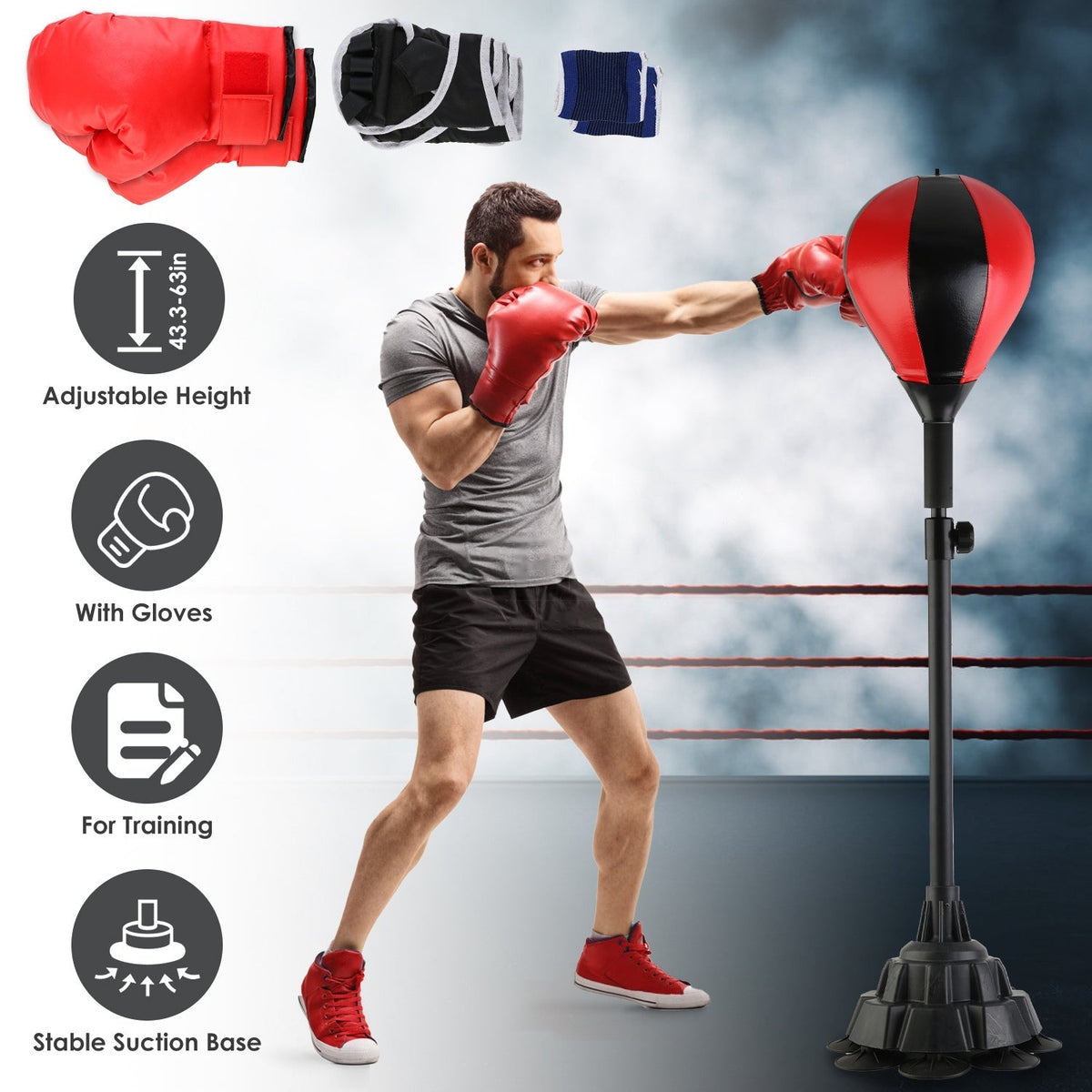 Punching Bag with Stand Free Standing Boxing Ball for Adults 43.3-63in Height Adjustable Boxing Bag with Gloves Wrist Sleeves Stable Suction Base for