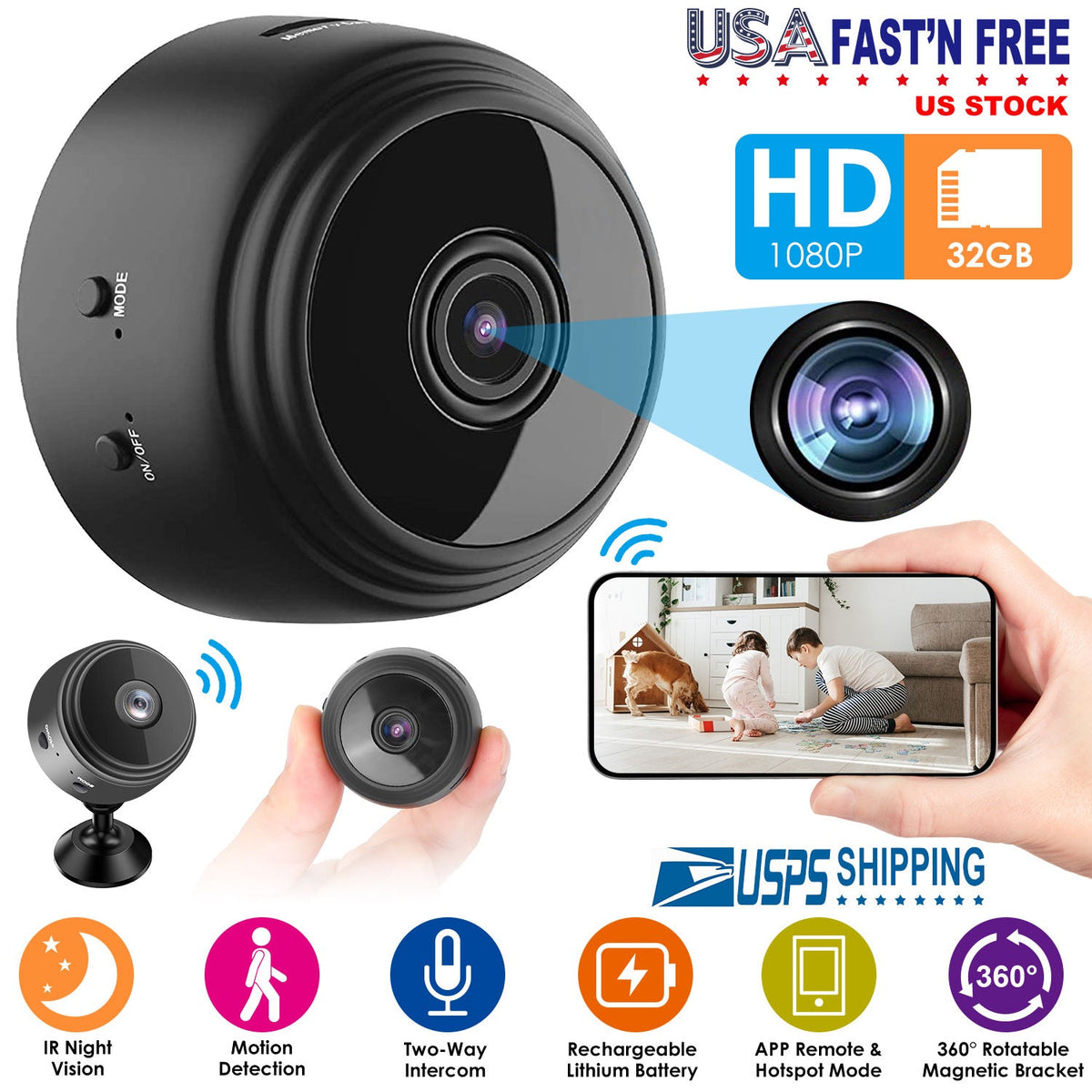 Mini CameraÊWireless Wifi IP Home Security Cam 1080P Full HD Surveillance Camera Nanny Cam w/ 32G MMC Card